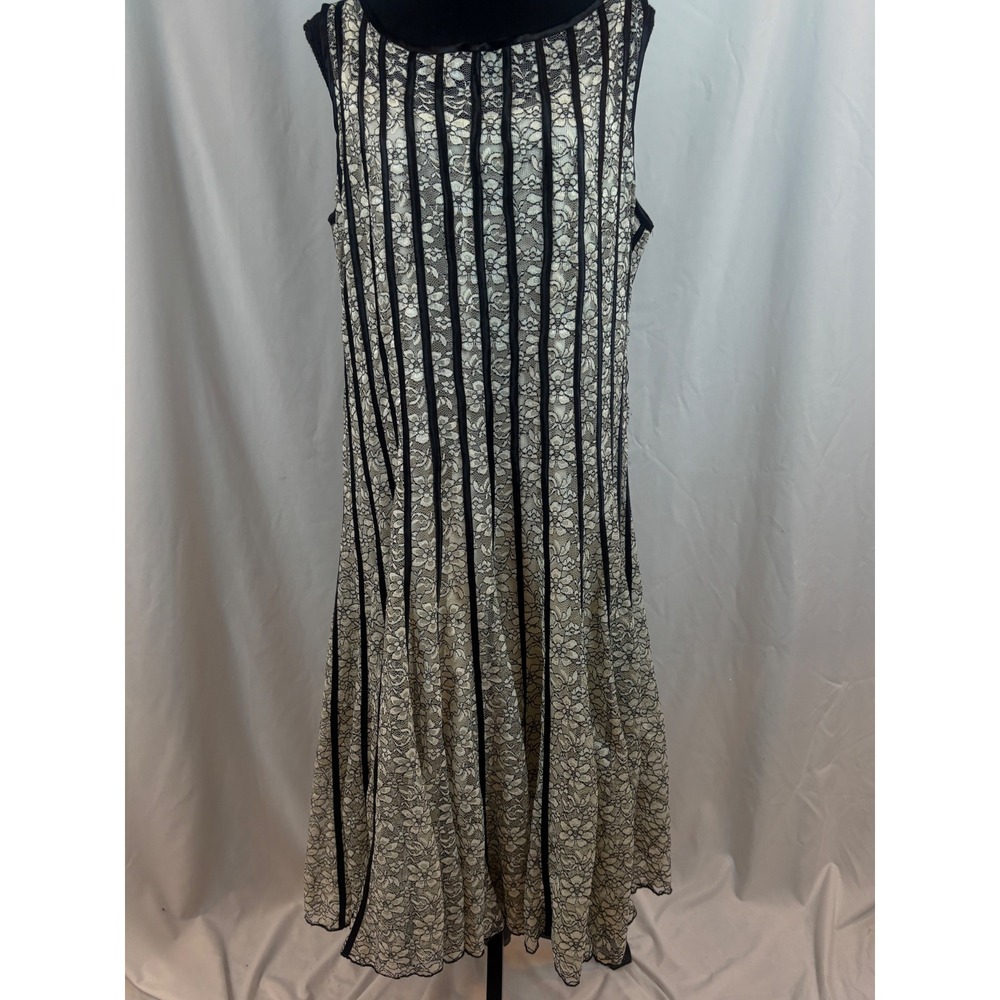 SLNY Womens 14W Lace Midi Dress Black Ivory Ribbon Stripe Handkerchief Hem - Picture 5 of 16
